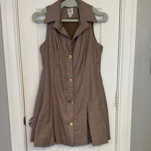 Maeve Sleeveless Mini Dress in Brown and Red Houndstooth with Gold Buttons